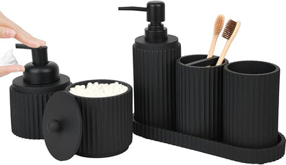 Black Bathroom Accessories Set 6 Pcs - Toothbrush Holder,Lotion Soap Dispenser,Foaming Soap Dispenser,Qtip Holder Dispensers,Vanity Tray,Bathroom Tumbler - Countertop Organizer-Bathroom Accessory Set