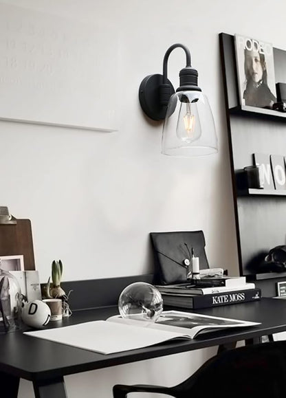 1-Light Vintage Wall Sconce, Yosoan Black Industrial Fixture Light with Elegant Gooseneck Curved Rod, Indoor Clear Glass Shade Wall Lamp Lighting for Bathroom Porch Kitchen Living Room Restaurant