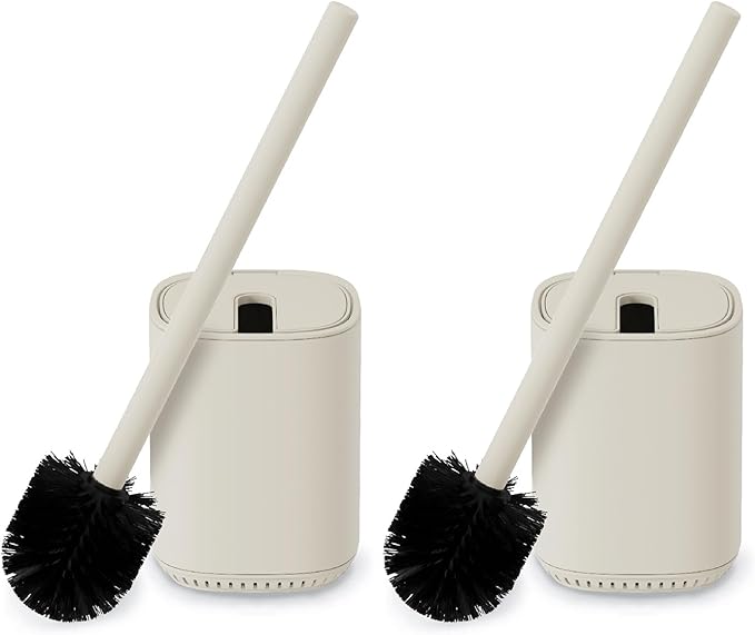 Toilet Brush and Holder Set Toilet Bowl Brush Stainless Steel Automatic Toilet Bowl Cleaner Brush with Durable Bristle Head Toilet Cleaning Brush for Bathroom 2 Pack Set Cream
