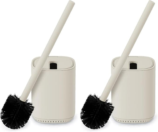 Toilet Brush and Holder Set Toilet Bowl Brush Stainless Steel Automatic Toilet Bowl Cleaner Brush with Durable Bristle Head Toilet Cleaning Brush for Bathroom 2 Pack Set Cream