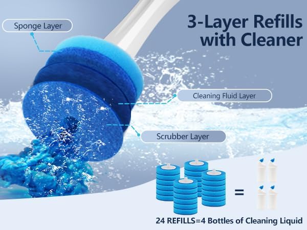 24 Wand Refills and Replaceable Brush Heads Kit for Leebein HK-047 Electric Toilet Brush, Hard Nylon Brush Head and TPU Silicone Brush Head, 24PCS Sponge Pad with Cleaner, Machine Not Included