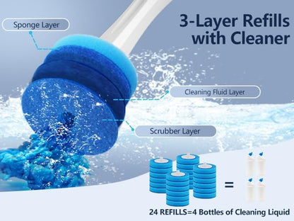 24 Wand Refills and Replaceable Brush Heads Kit for Leebein HK-047 Electric Toilet Brush, Hard Nylon Brush Head and TPU Silicone Brush Head, 24PCS Sponge Pad with Cleaner, Machine Not Included