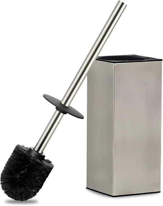 Toilet Brush and Holder Set, NEWRAIN Stainless Steel Toilet Brush with Long Brush Handle, Brushed Nickel Toilet Scrubber and Covered Holder, Square Design Sturdy and Space Saving, Covered Brush