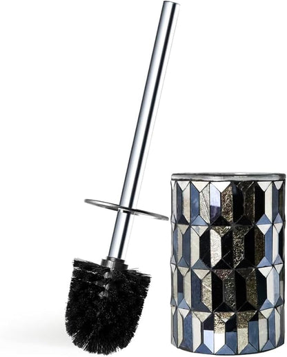 Cute Toilet Brush and Holder Set Mosaic Glass | Non-Rustic Stainless Steel | Practical & Decorative Toilet Bowl Brush and Holder | Luxury Black and Gold Bathroom Accessories (Latest)