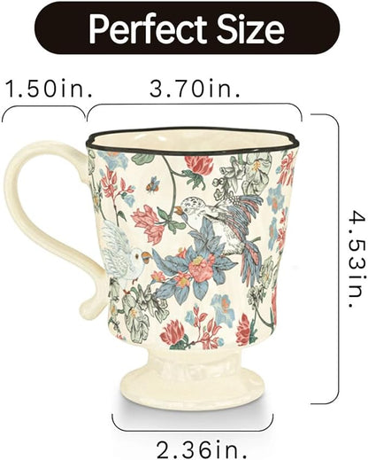 360ml -12.17oz Painted Floral & Bird Ceramic Mug - Cute Coffee Cup for Latte, Espresso - Gift for Women, Dishwasher Safe