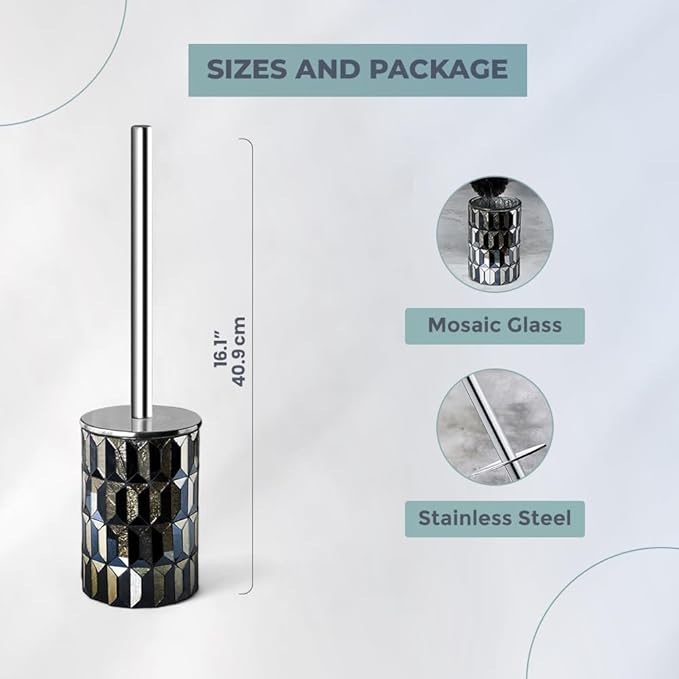 Cute Toilet Brush and Holder Set Mosaic Glass | Non-Rustic Stainless Steel | Practical & Decorative Toilet Bowl Brush and Holder | Luxury Black and Gold Bathroom Accessories (Latest)