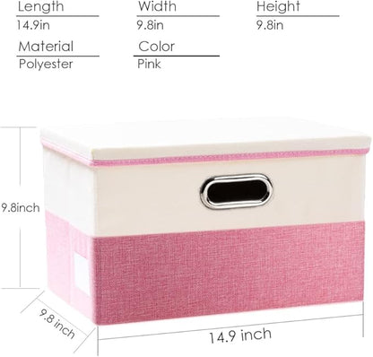 PRANDOM Collapsible Storage Bin with Lid [3-Pack] Fabric Foldable Storage Box Organizer Container Basket Cube with Cover for Home Bedroom Closet Office Nursery Pink&Cream(14.9x9.8x9.8)