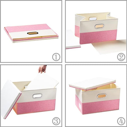 PRANDOM Large Collapsible Storage Bins with Lids [3-Pack] Fabric Foldable Storage Boxes Organizer Containers Baskets Cube with Cover for Home Bedroom Closet Office Pink&Cream(17.7x11.8x11.8)