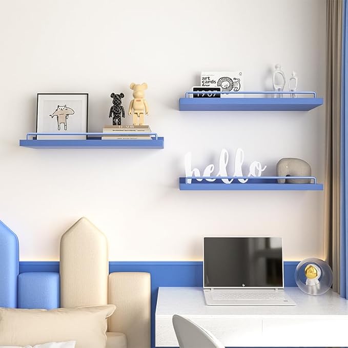 Blue Floating Shelves, Room Decor Shelves,Pink Kawaii Room Decor Wall Shelves for Living Room, Bedroom, Picture Frames, Plants, Kitchen, Set of 3 (Blue)