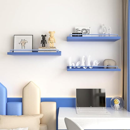 Blue Floating Shelves, Room Decor Shelves,Pink Kawaii Room Decor Wall Shelves for Living Room, Bedroom, Picture Frames, Plants, Kitchen, Set of 3 (Blue)