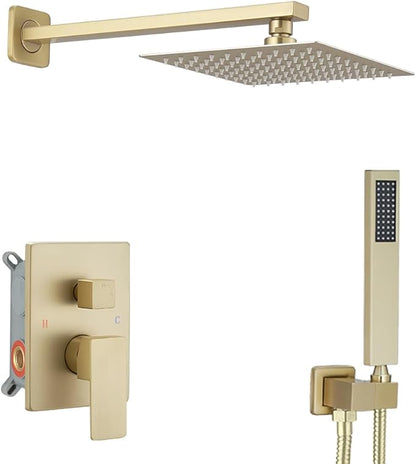 Brushed Gold Shower System Bathroom Luxury Rain Mixer Shower Combo Set Wall Mounted Rainfall Shower Head System Shower Faucet Rough-in Valve Body and Trim Included
