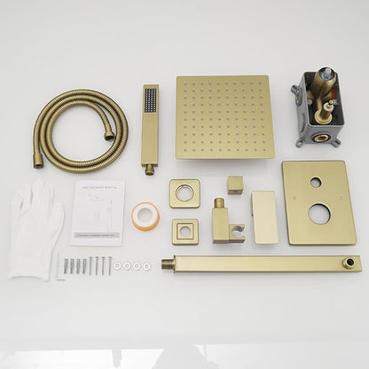 Brushed Gold Shower System Bathroom Luxury Rain Mixer Shower Combo Set Wall Mounted Rainfall Shower Head System Shower Faucet Rough-in Valve Body and Trim Included