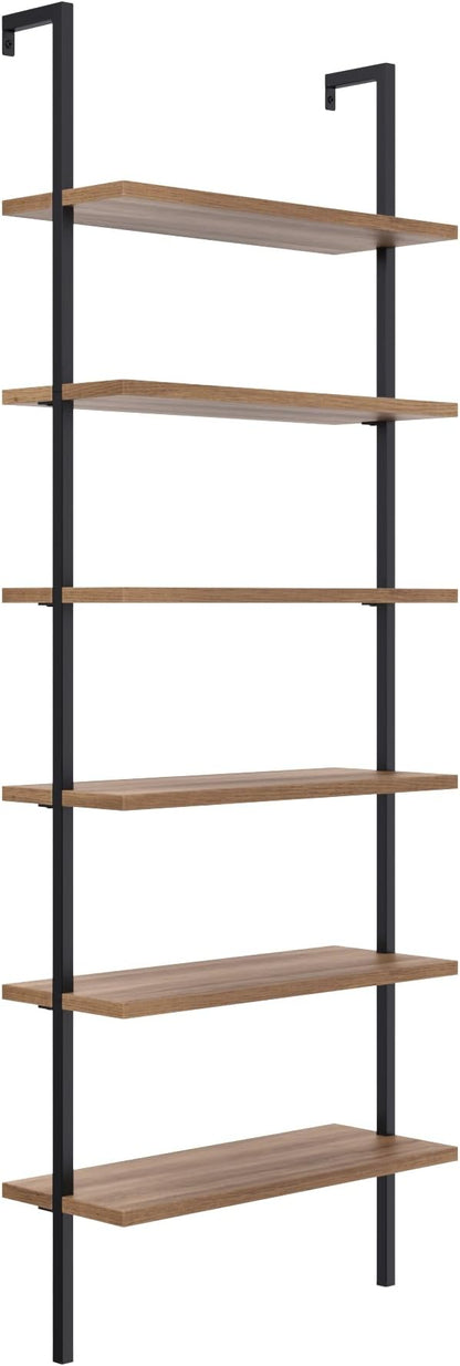 Nathan James Theo 6-Shelf Tall Bookcase, Wall Mount Bookshelf with Reclaimed Wood and Industrial Metal Frame, Oak/Black