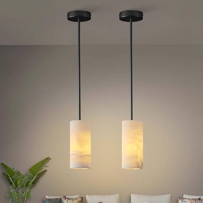 Alabaster Pendant Light Kitchen Island, H-9.5in Black Pendant Light Fixtures with Natural Marble Shade, Adjustable Ceiling Pendant for Dining Room, Living Room, Bedroom & Bathroom