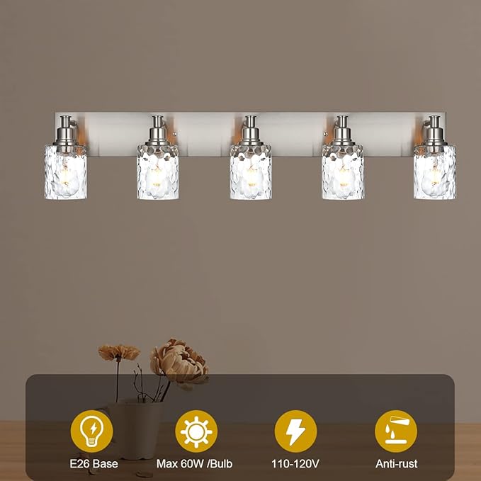 BONLICHT 5 Lights Sconces Wall Lighting Brushed Nickel with Hammered Glass Shade, Industrial Bathroom Light Fixtures Vanity Lights Porch Light Fixtures Classic Metal Wall Mount Lamp Over Mirror