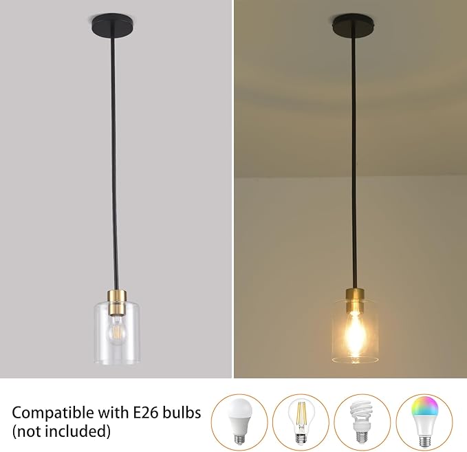 Black Brass Pendant Lights Kitchen Island - Clear Glass Pendant Light Fixture Multiple Stems Rods 3 Units 12 Inch 3 Units 4 Inch (2 Pack Black Brass Downrod)