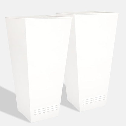 Worth Garden 28" H. Large Metal Glazed Planter Set of 2, Modern Glossy Finish White Tall Square Tapered Steel Flower Plant Pots for Indoor & Outdoor Use - Insert Plate with Drain Holes, Air Vents