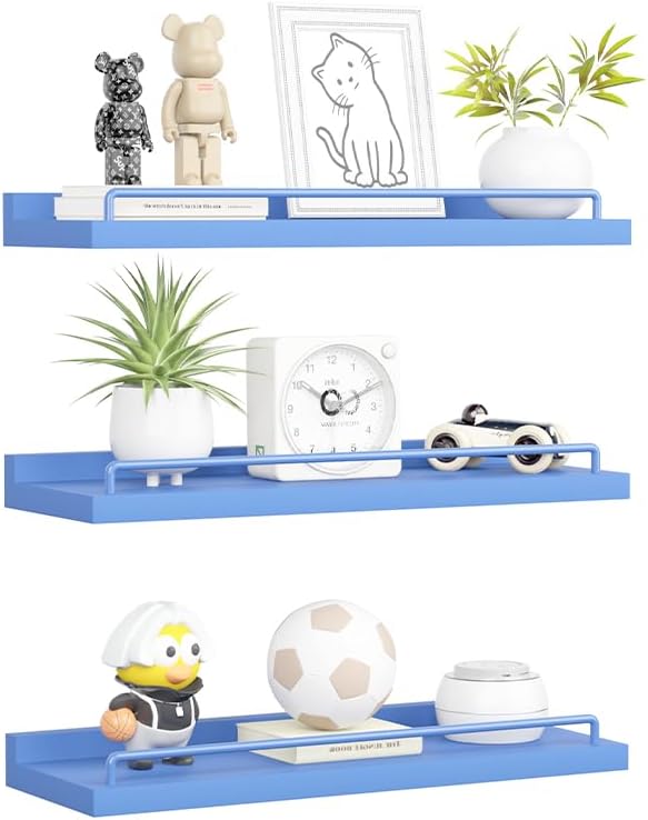Blue Floating Shelves, Room Decor Shelves,Pink Kawaii Room Decor Wall Shelves for Living Room, Bedroom, Picture Frames, Plants, Kitchen, Set of 3 (Blue)
