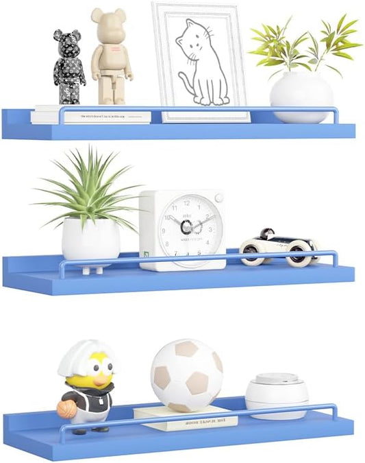 Blue Floating Shelves, Room Decor Shelves,Pink Kawaii Room Decor Wall Shelves for Living Room, Bedroom, Picture Frames, Plants, Kitchen, Set of 3 (Blue)