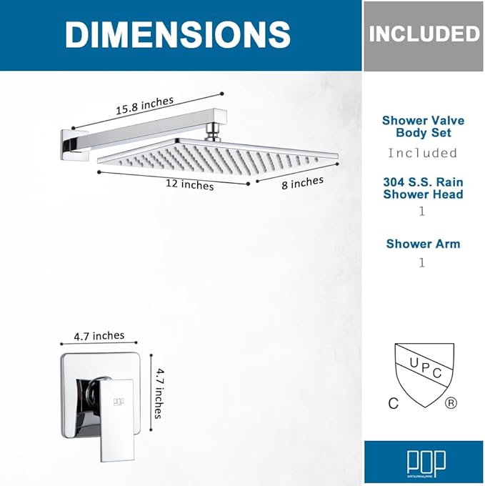 Shower Faucet Set Chrome Rainfall 12“ Rectangle Stainless Steel Shower Head and Handle Set, Wall Mounted Bathroom Shower System, Single Function Shower Trim Kit with Valve