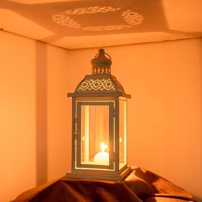 DECORKEY Lantern Decorative Indoor&Outdoor, 14.4'' Large Metal Candle Lanterns, Vintage Hanging Candle Holders Farmhouse Shelf Wedding Front Porch Patio Decor, Halloween Christmas Decorations for Home