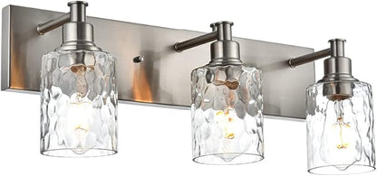 BONLICHT Bathroom Vanity Light Fixtures 3 Lights Modern Wall Sconce Brushed Nickel with Metal Base and Hammered Glass Shade, Industrial Farmhouse Bath Wall Lights for Hallway Kitchen Bedroom