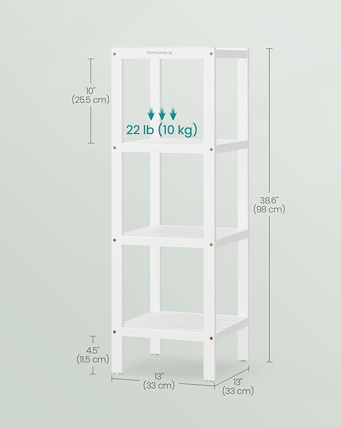 SONGMICS Bamboo Storage Shelf, 4-Tier Shelving Unit, Multifunctional, in The Entryway, Bathroom, Living Room, Balcony, Kitchen, 13 x 13 x 38.6 Inches, Cloud White UBCB054W01