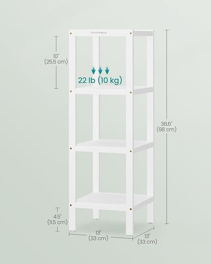 SONGMICS Bamboo Storage Shelf, 4-Tier Shelving Unit, Multifunctional, in The Entryway, Bathroom, Living Room, Balcony, Kitchen, 13 x 13 x 38.6 Inches, Cloud White UBCB054W01