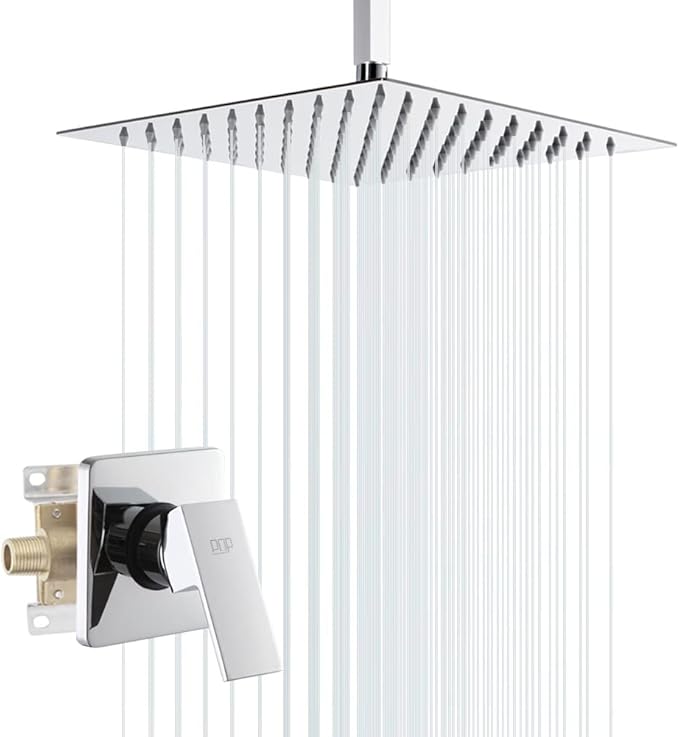POP SANITARYWARE Single Function Shower Trim Kit with Rough-in Valve, Bathroom Rain Shower Set Bath Rainfall Shower Faucet System with Square Stainless Steel Metal Showerhead, Polished Chrome
