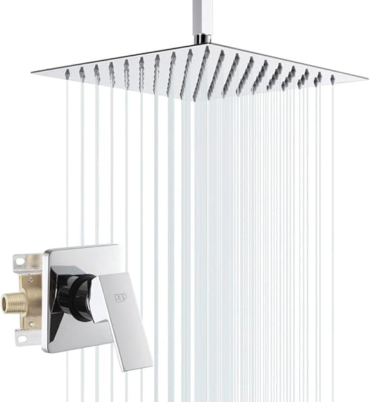 POP SANITARYWARE Single Function Shower Trim Kit with Rough-in Valve, Bathroom Rain Shower Set Bath Rainfall Shower Faucet System with Square Stainless Steel Metal Showerhead, Polished Chrome