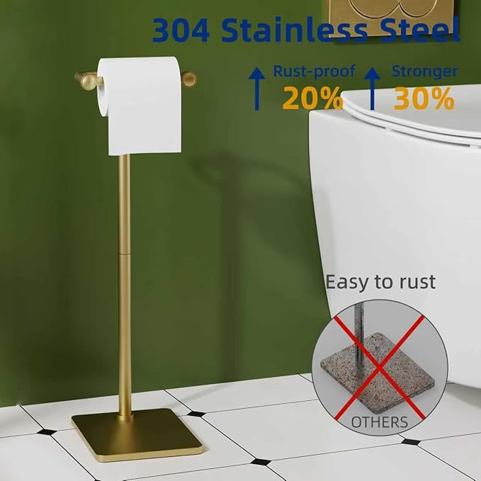 RUACQ Toilet Paper Holder Stand, Bathroom Toilet Paper Roll Holder Free Standing, Toilet Tissue Holder Stand with Post Pivoting Design, Stable Weighted Base, SUS304 Stainless Steel (Brushed Gold)