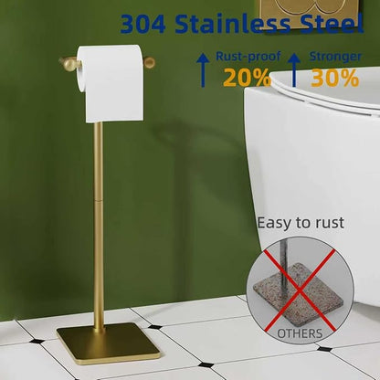 RUACQ Toilet Paper Holder Stand, Bathroom Toilet Paper Roll Holder Free Standing, Toilet Tissue Holder Stand with Post Pivoting Design, Stable Weighted Base, SUS304 Stainless Steel (Brushed Gold)