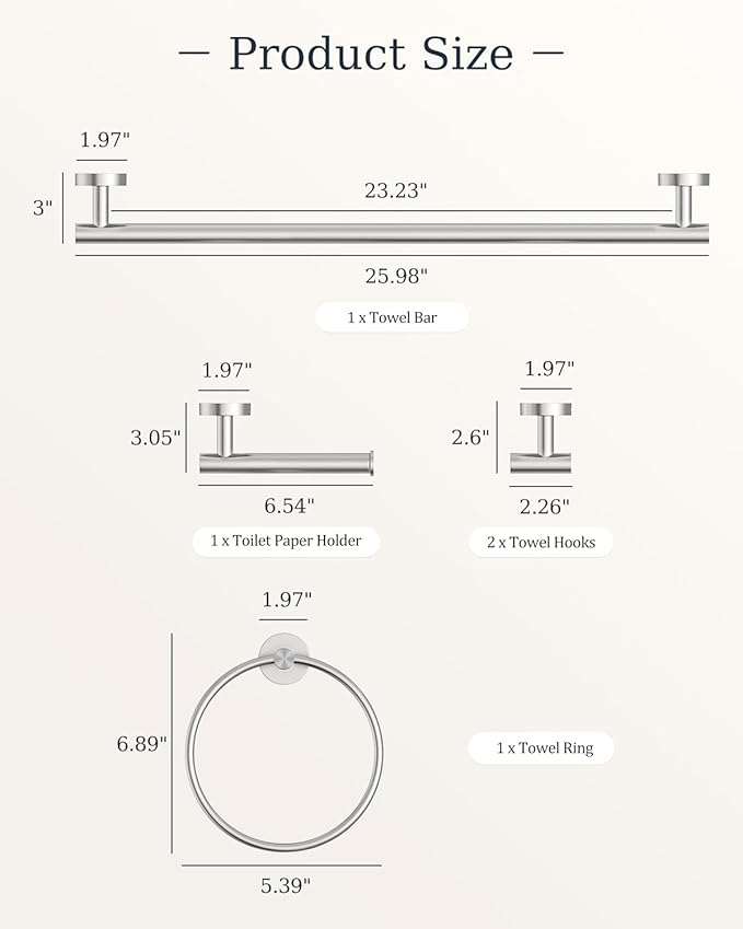 Brushed Nickel Bathroom Accessories Set, SUS304 Stainless Steel 5 Pieces Bathroom Hardware Set, 26 Inch Bath Towel Bar Set, 2 Towel Hooks, Toilet Paper Holder, Towel Racks for Bathroom Wall Mounted