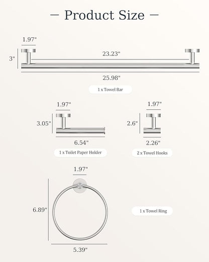 Brushed Nickel Bathroom Accessories Set, SUS304 Stainless Steel 5 Pieces Bathroom Hardware Set, 26 Inch Bath Towel Bar Set, 2 Towel Hooks, Toilet Paper Holder, Towel Racks for Bathroom Wall Mounted