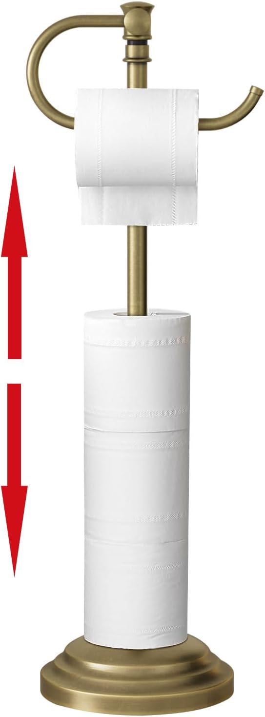 RUMOSE Toilet Paper Holder Stand for Floor,Antique Brass Adjustable (12.4" to 22.8") Bathroom Toilet Tissue Holder, Free Standing Paper Roll Holder with Storage, Stainless Steel
