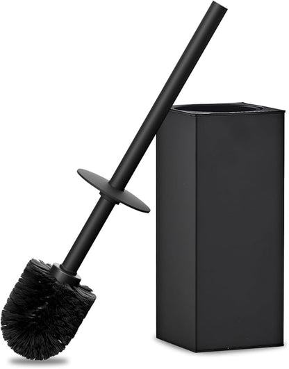 Toilet Brush and Holder Set, NEWRAIN Stainless Steel Toilet Brush with Long Brush Handle, Matte Black Toilet Scrubber and Covered Holder, Square Design Sturdy and Space Saving