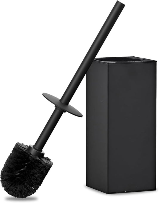 Toilet Brush and Holder Set, NEWRAIN Stainless Steel Toilet Brush with Long Brush Handle, Matte Black Toilet Scrubber and Covered Holder, Square Design Sturdy and Space Saving