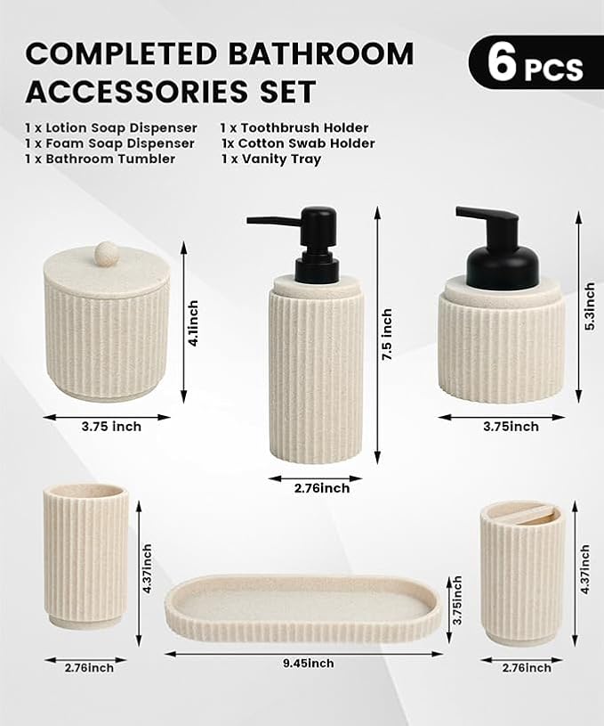 Beige Bathroom Accessory Set - 6 Pcs: Toothbrush Holder, Lotion & Foaming Soap Dispensers, Qtip Holder, Vanity Tray, Bathroom Tumbler - Countertop Organizer