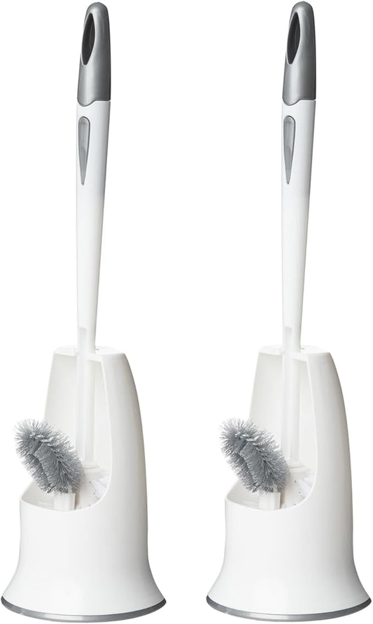 2 Pack Toilet Bowl Brush with Holder for Bathroom, Under-Rim Double Brush Head, Long Handle Household Cleaning Brushes Set (2 Pack Grey Brush with Holder)
