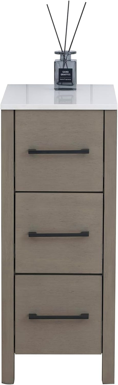 Vanity Art 12 Inch Bathroom Cabinet 3 Dove-Tailed Drawers with Engineered Marble Top Side Storage Organizer Freestanding Single Vanity VA3112-DG