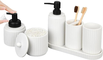 White Bathroom Accessory Set - 6 Pcs: Toothbrush Holder, Lotion & Foaming Soap Dispensers, Qtip Holder, Vanity Tray, Bathroom Tumbler, Countertop Organizer