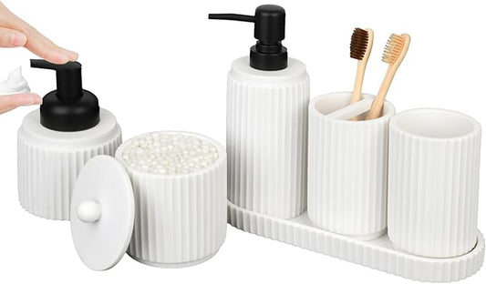 White Bathroom Accessory Set - 6 Pcs: Toothbrush Holder, Lotion & Foaming Soap Dispensers, Qtip Holder, Vanity Tray, Bathroom Tumbler, Countertop Organizer