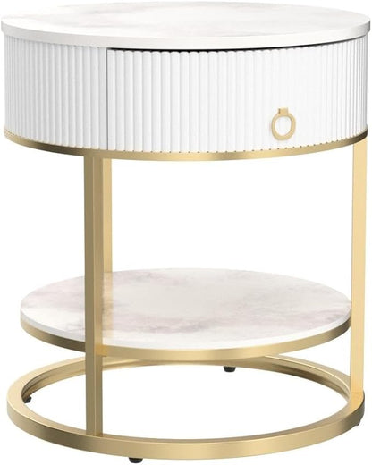 OIOG Round Side Table with Drawer, 2 Tier Night Stand with Shelf, Modern Side Table with Gold Legs for Living Room, Bedroom, Dorm, Marbling Natural Stone/Gold