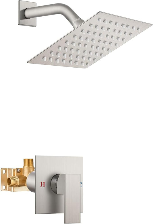 Airuida Shower Faucet Set Bathroom Rain Shower System SUS304 Stainless Steel Single Handle With Male Threads Rough-in Valve Shower Trim Kit 6 Inch Wall Mount Shower Head Brushed Nickel
