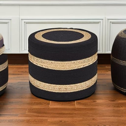Wimarsbon 18'' Ottoman Pouf, Natural Braided Poof, Rustic Handweave Lounge Pouffe, Boho Footrest Stool for Bedroom, Accent Table or Seat for Living Room (Natural Water Hyacinth + Black Cotton Rope)