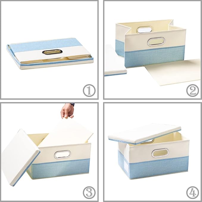 PRANDOM Collapsible Storage Bin with Lid [3-Pack] Fabric Foldable Storage Box Organizer Container Basket Cube with Cover for Home Bedroom Closet Office Nursery Blue&Cream(14.9x9.8x9.8)