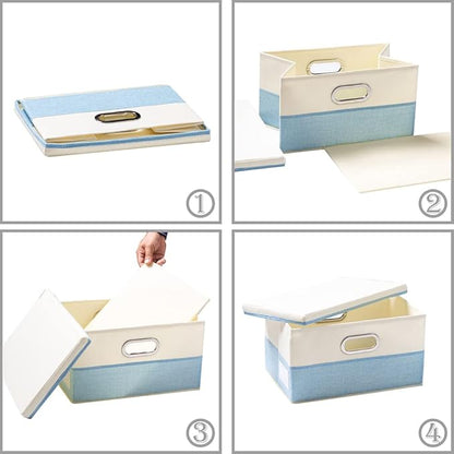 PRANDOM Collapsible Storage Bin with Lid [3-Pack] Fabric Foldable Storage Box Organizer Container Basket Cube with Cover for Home Bedroom Closet Office Nursery Blue&Cream(14.9x9.8x9.8)