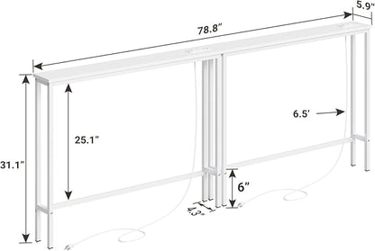 ELYKEN 2 Pack 5.9" Narrow Console Sofa Table with Power Outlets, 5.9" Dx39.4 Wx31.1 H Long Couch Table with Metal Frame and Charge Station with 6.5’ Extension Cord, White