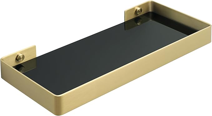 Alise Glass Bathroom Shelf,Gold 11.8 Inch Rectangular Floating Shelves for Bathroom, Showers, Vanities, Kitchens,SUS304 Stainless Steel Glass Shelf for Toilet Room Decoration