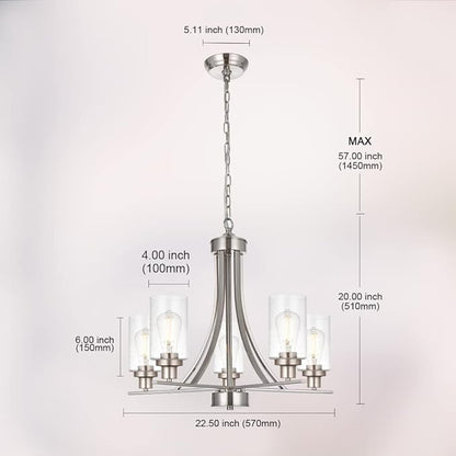 BONLICHT 5 Lights Traditional Chandelier Brushed Nickel Kitchen Island Dining Room Lighting Fixtures Hanging Seeded Glass Pendant Light Modern Flush Mount Ceiling Light for Living Room Bedroom Foyer